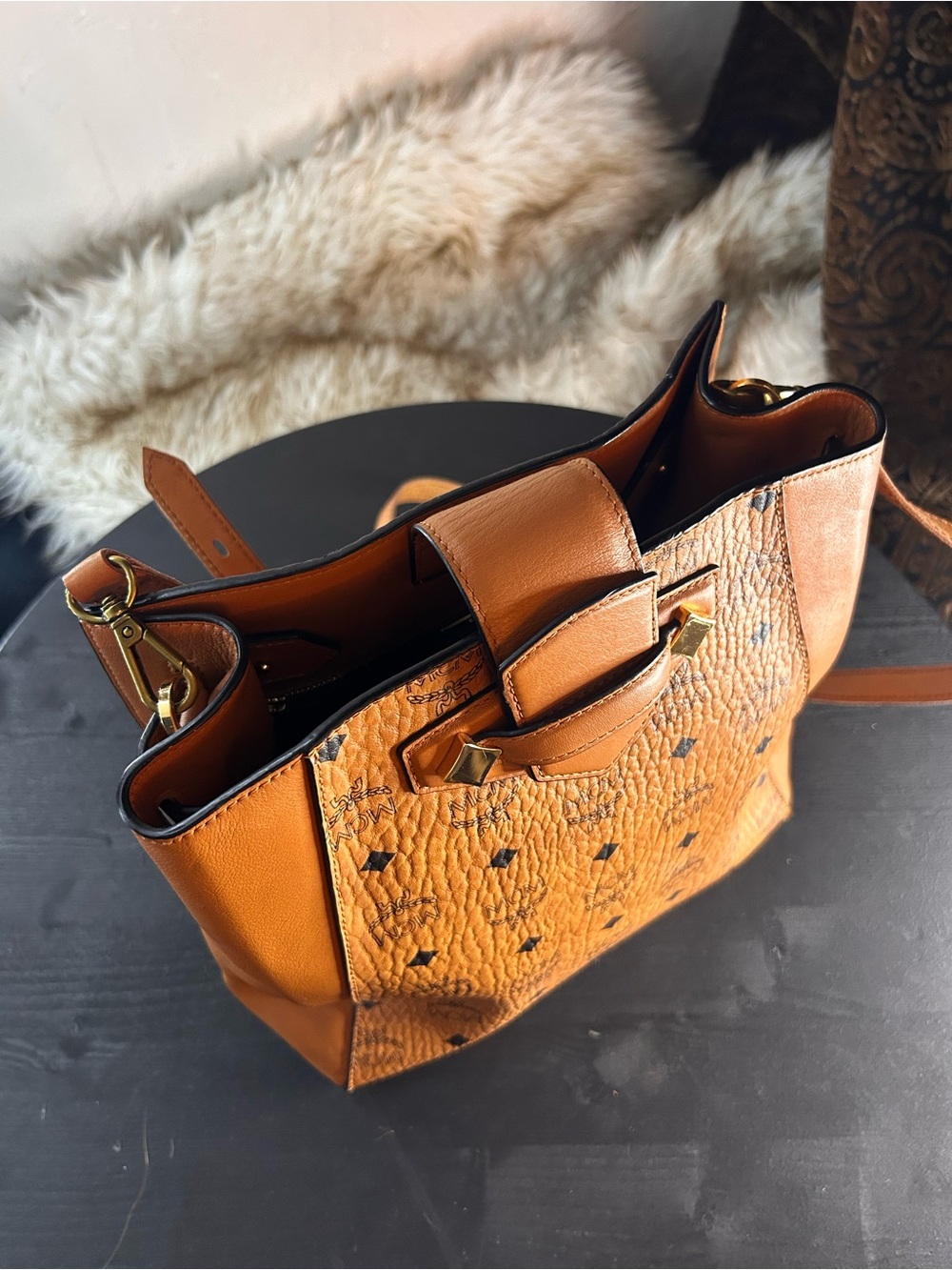 MCM Cognac Brown Visetos Monogram Bucket Shoulder Bag - Picture 3 of 5
